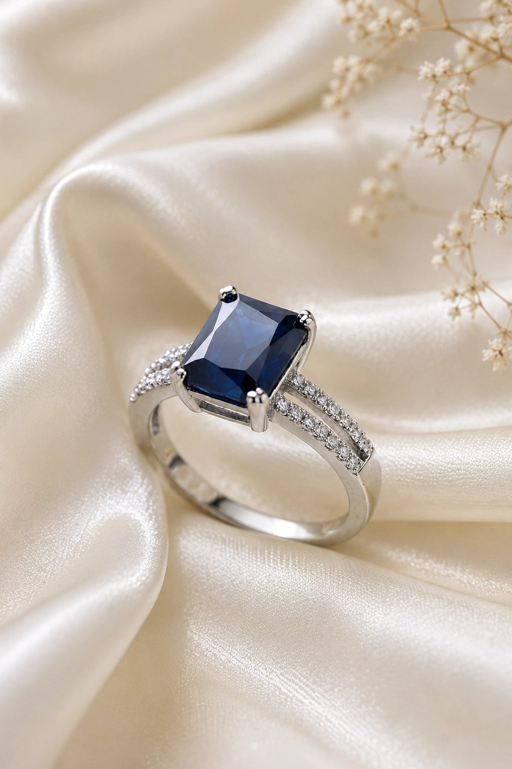 Blue Emerald-Cut Halo Ring