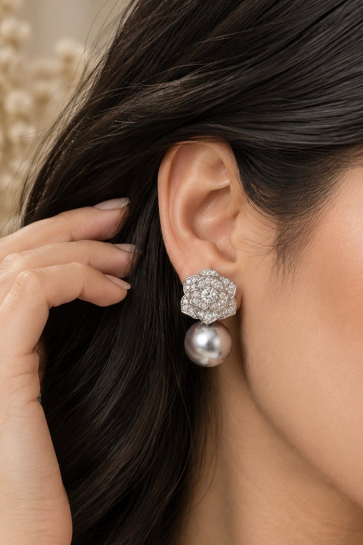 Rhinestone Flower Grey Pearl Drop Earrings