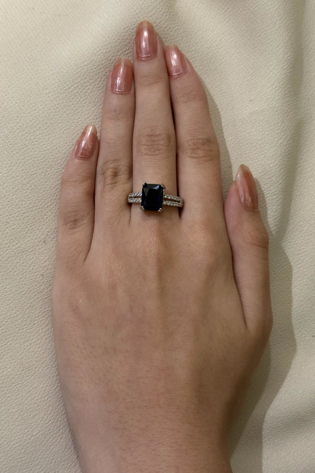 Blue Emerald-Cut Halo Ring