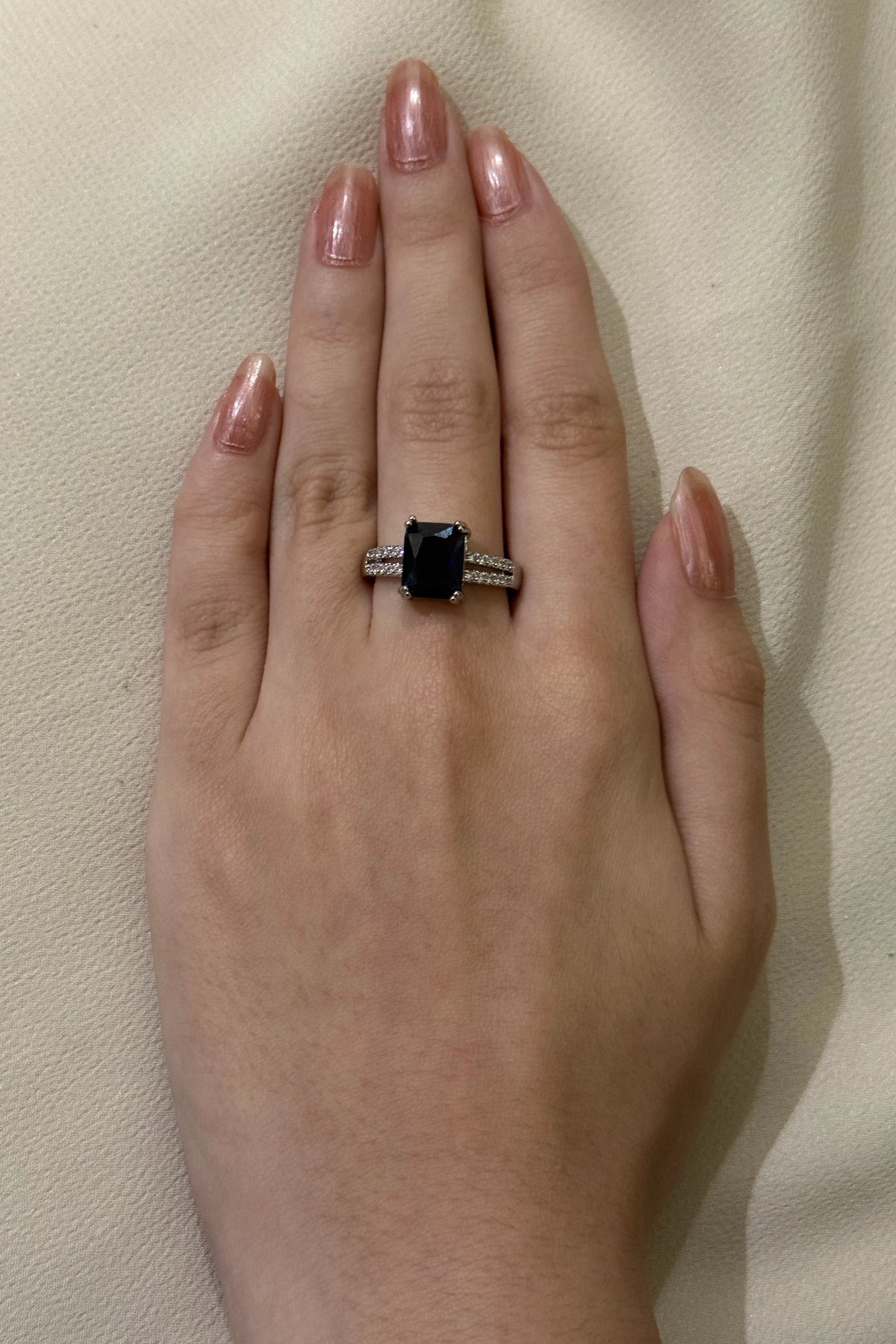 Blue Emerald-Cut Halo Ring