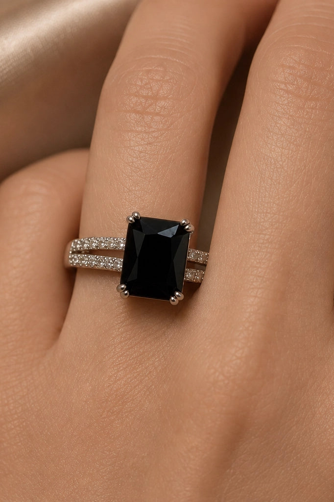 Blue Emerald-Cut Halo Ring