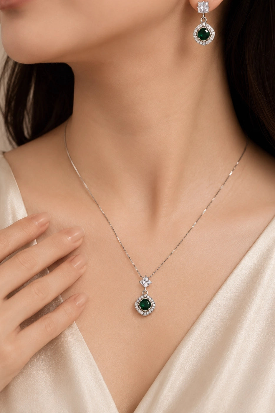Emerald Halo Pendant Set