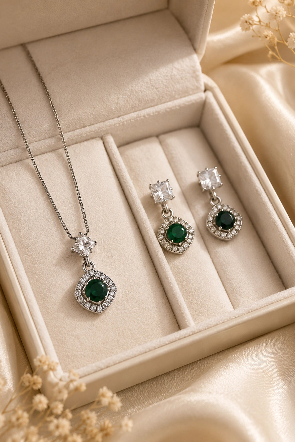 Emerald Halo Pendant Set