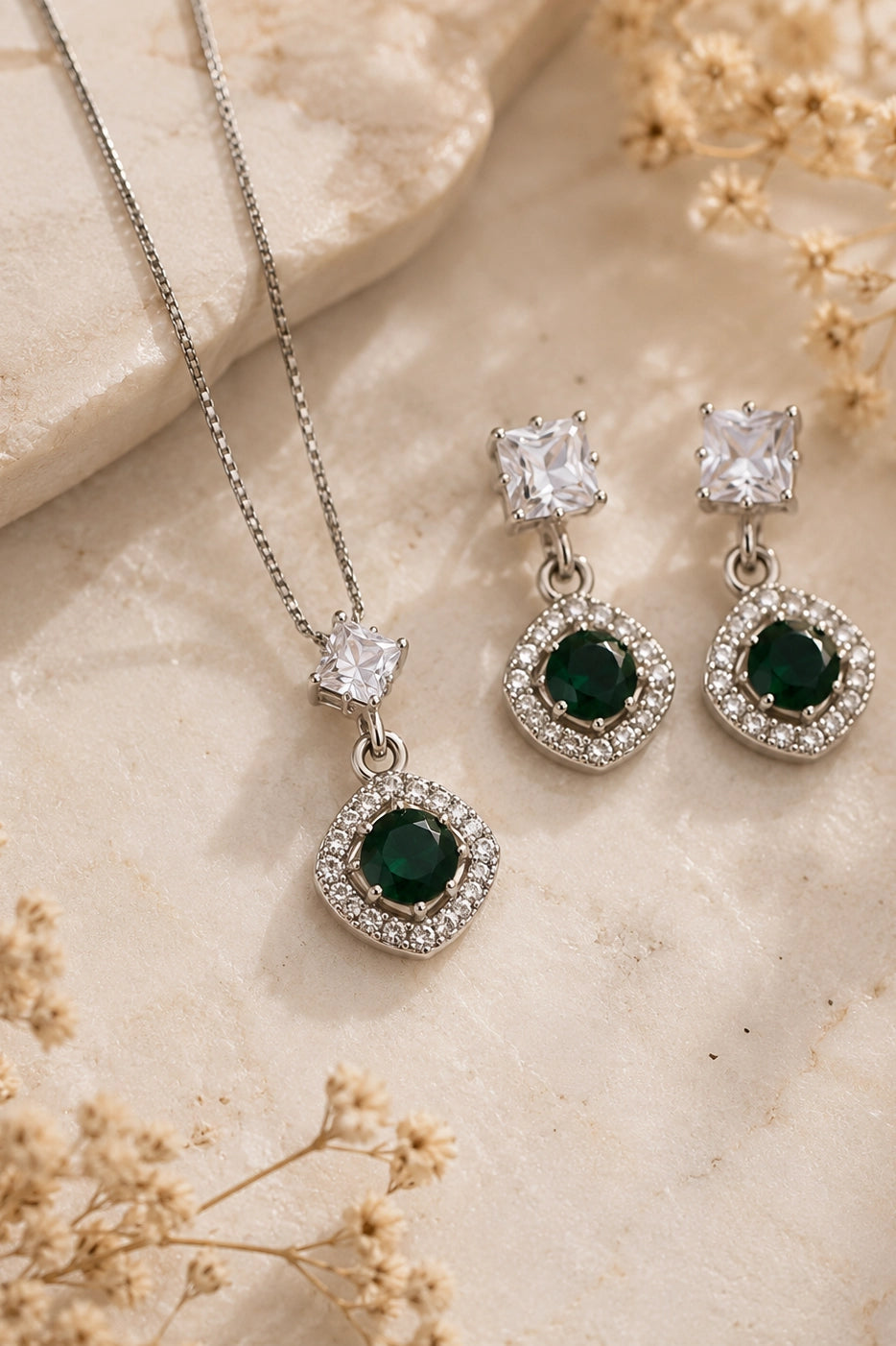 Emerald Halo Pendant Set