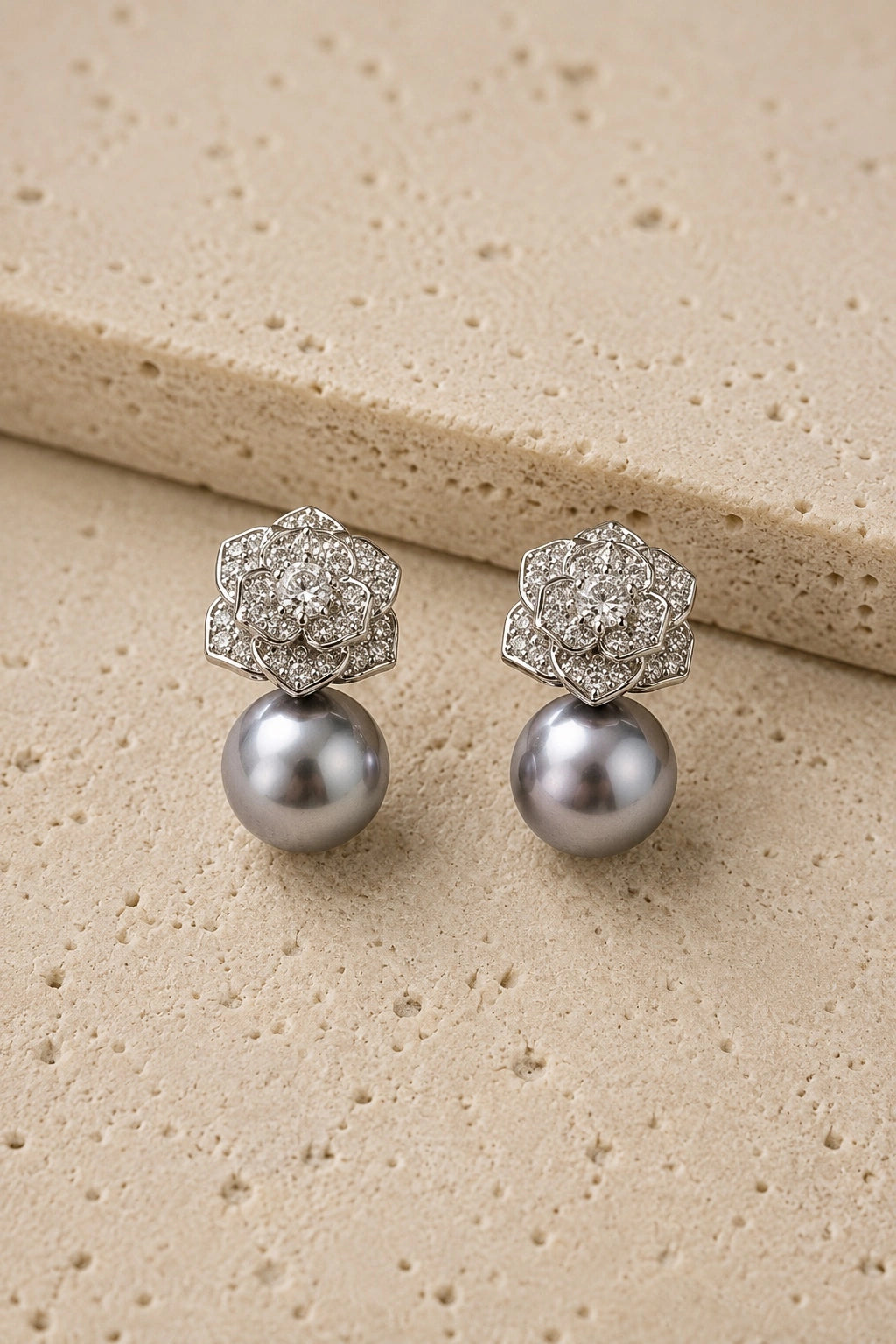 Rhinestone Flower Grey Pearl Drop Earrings