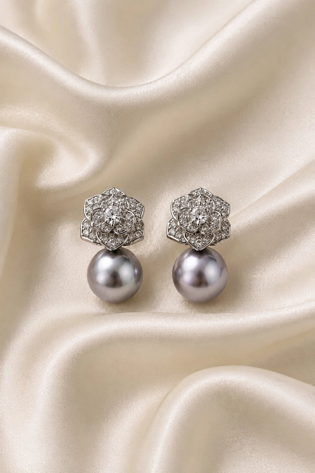 Rhinestone Flower Grey Pearl Drop Earrings