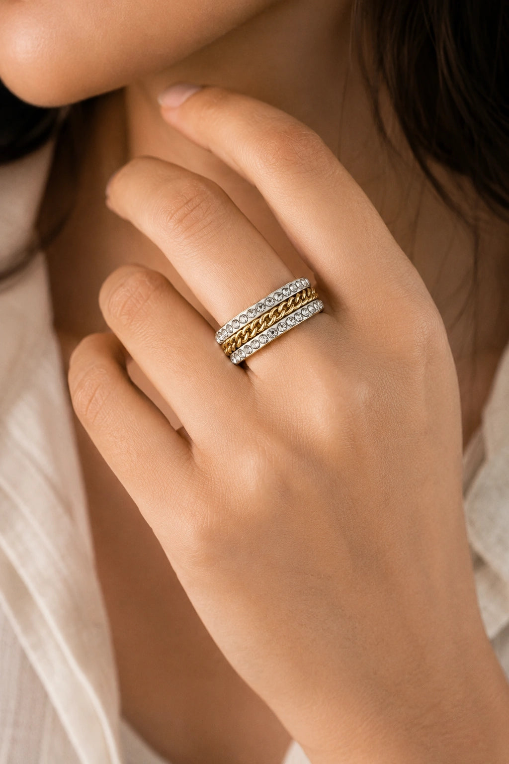 Gold Crystal & Chain Band Ring