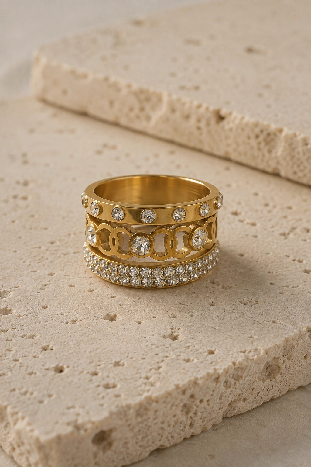 Gold Crystal Triple Band Ring