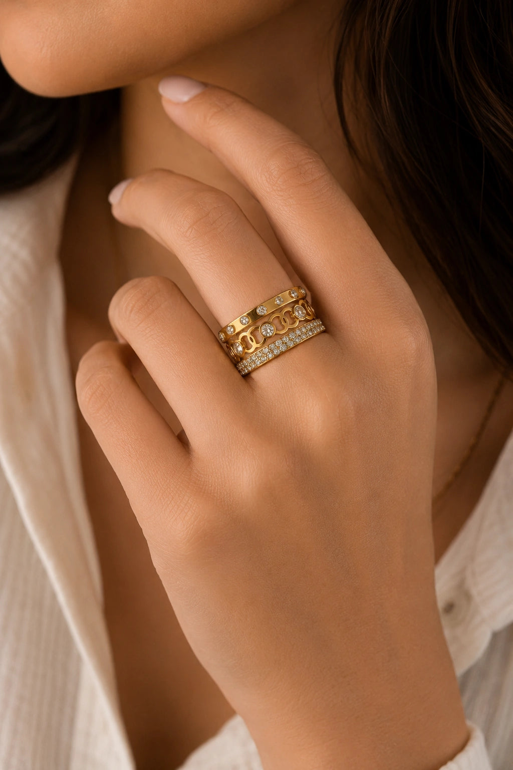 Gold Crystal Triple Band Ring