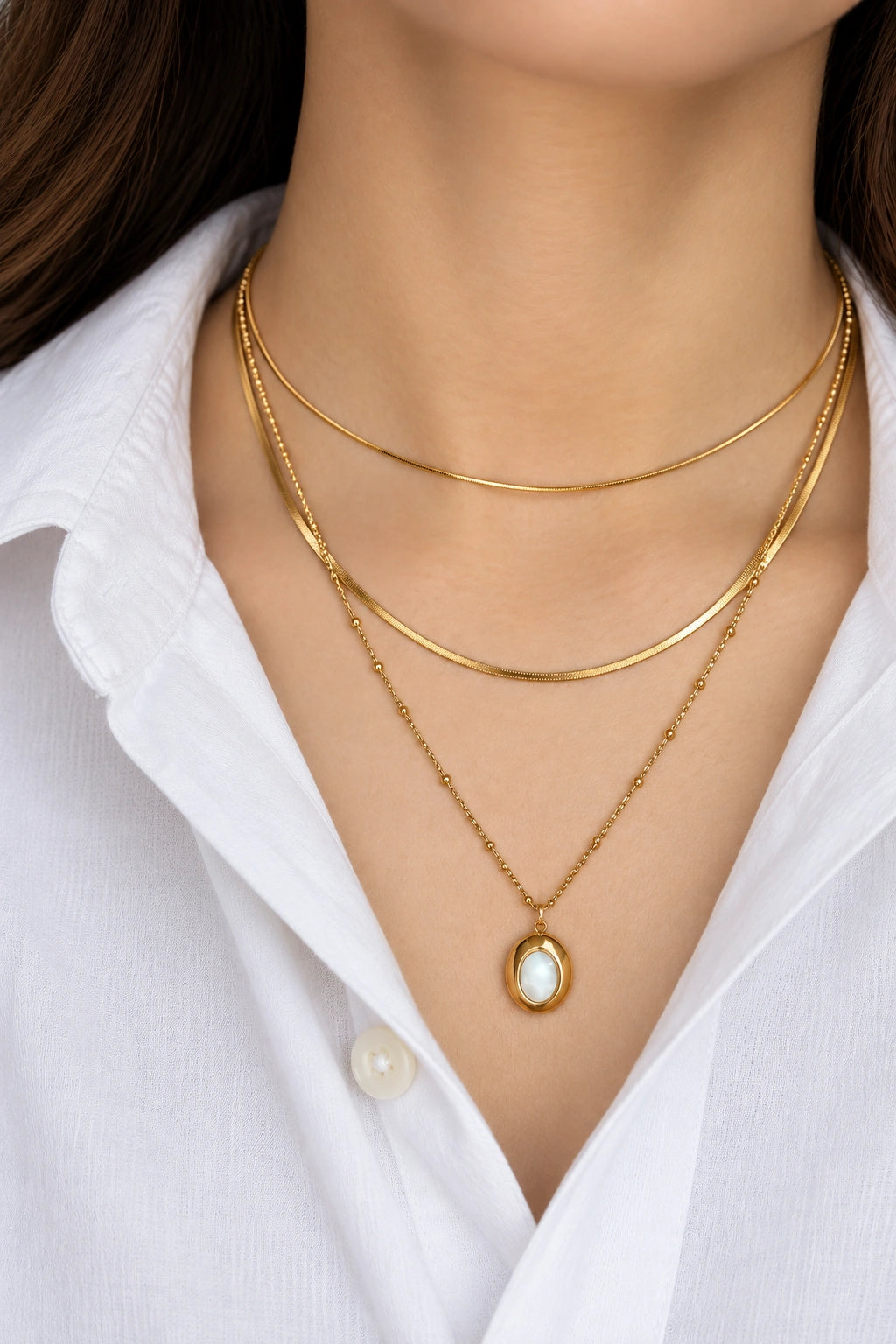 Gold Multi-Strand Oval Pendant Necklace