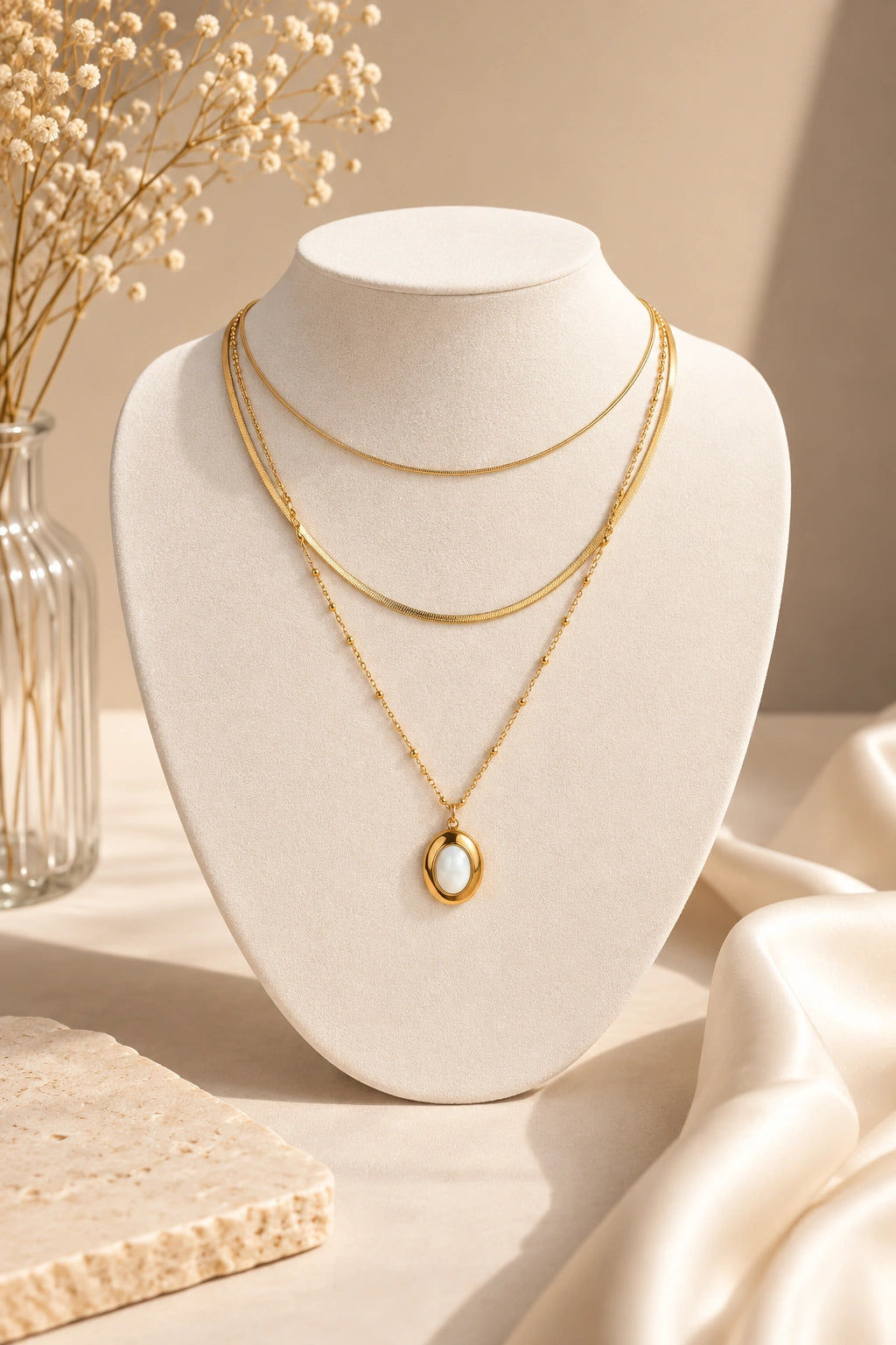 Gold Multi-Strand Oval Pendant Necklace