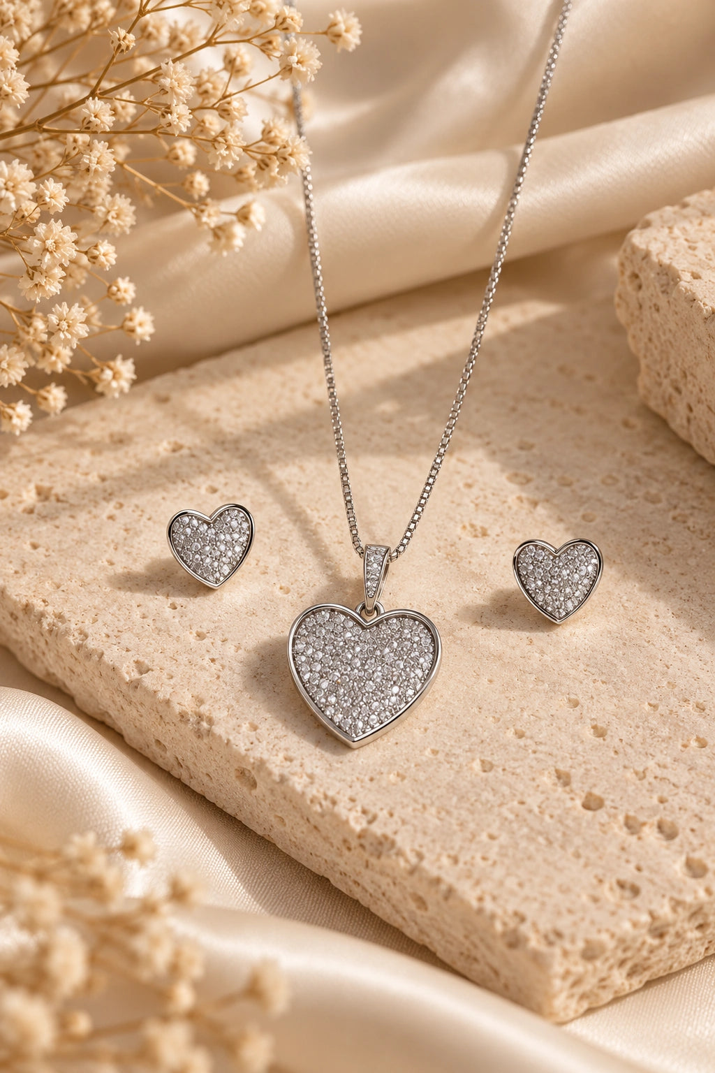 Silver Pave Heart Pendant & Earrings Set