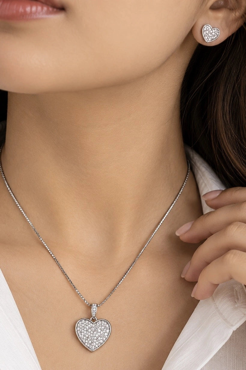 Silver Pave Heart Pendant & Earrings Set