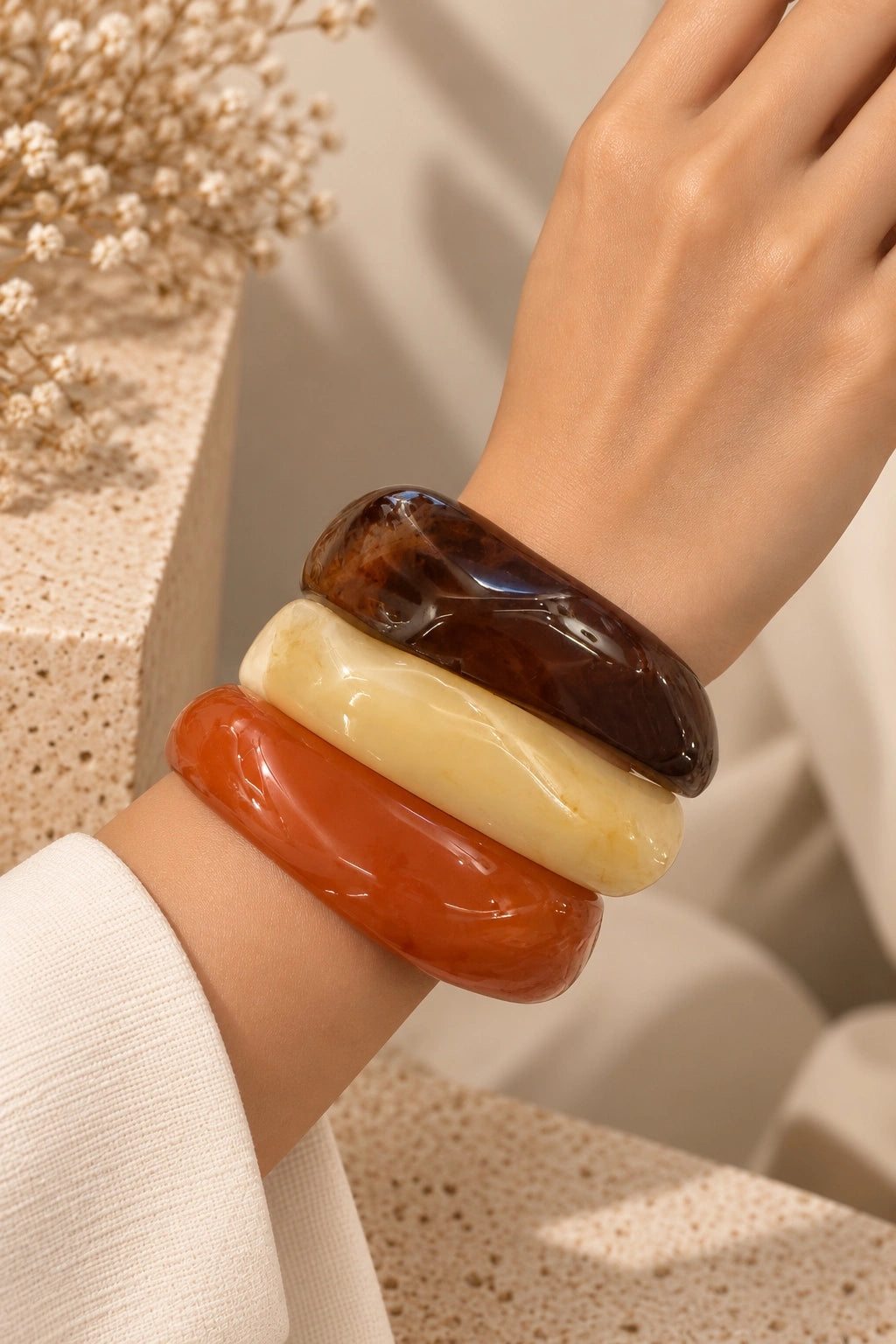 Rust, Ivory & Tortoise Resin Stacking Bangles (Set of 3)