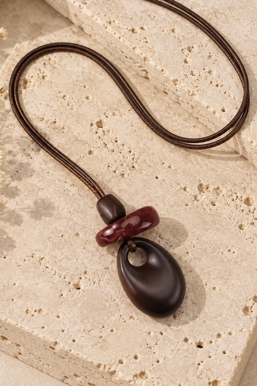 Cord Necklace with Oxblood Disc & Brown Teardrop Pendant