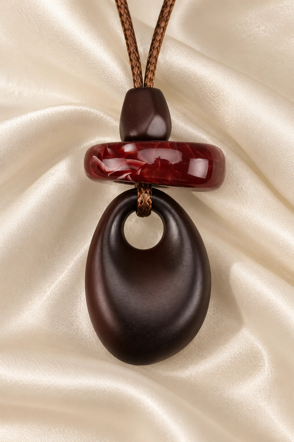 Cord Necklace with Oxblood Disc & Brown Teardrop Pendant