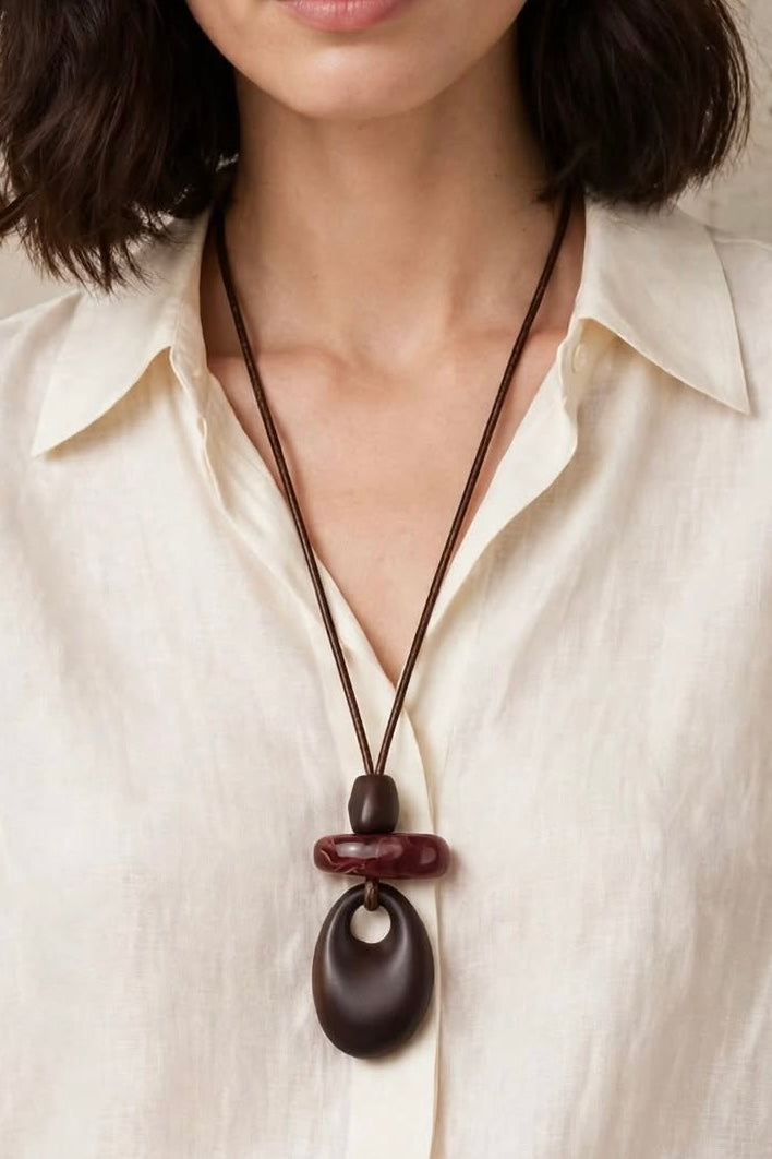 Cord Necklace with Oxblood Disc & Brown Teardrop Pendant