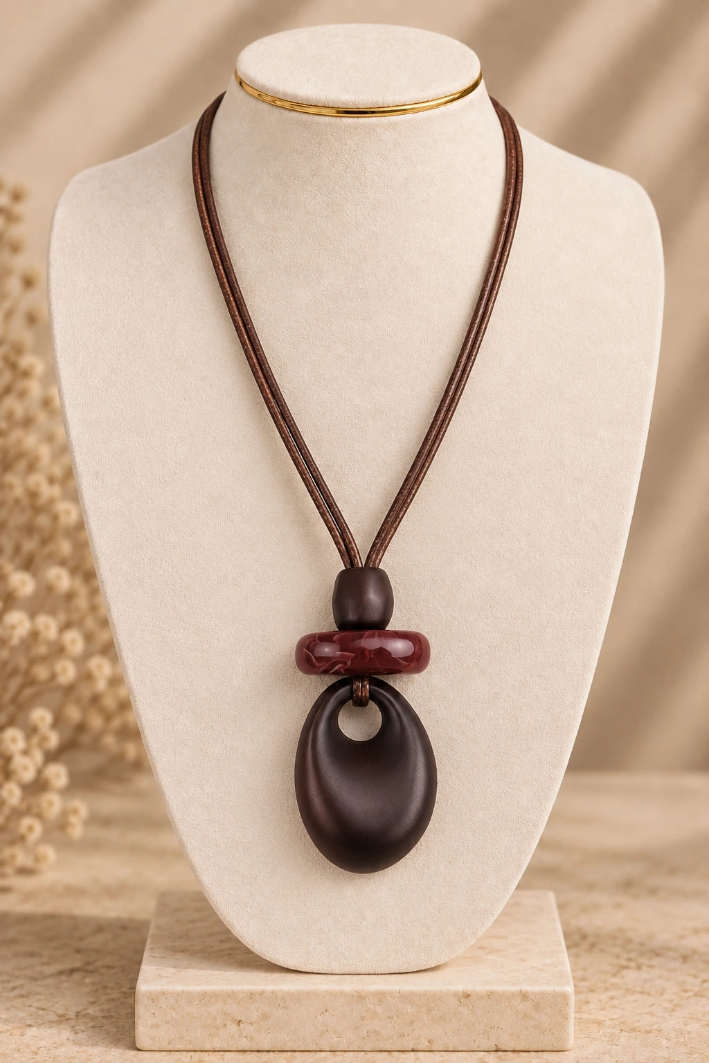 Cord Necklace with Oxblood Disc & Brown Teardrop Pendant