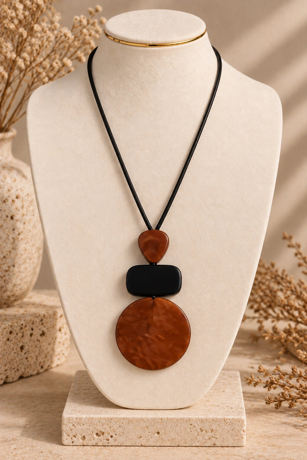 Tiered Wood Disc Pendant Necklace