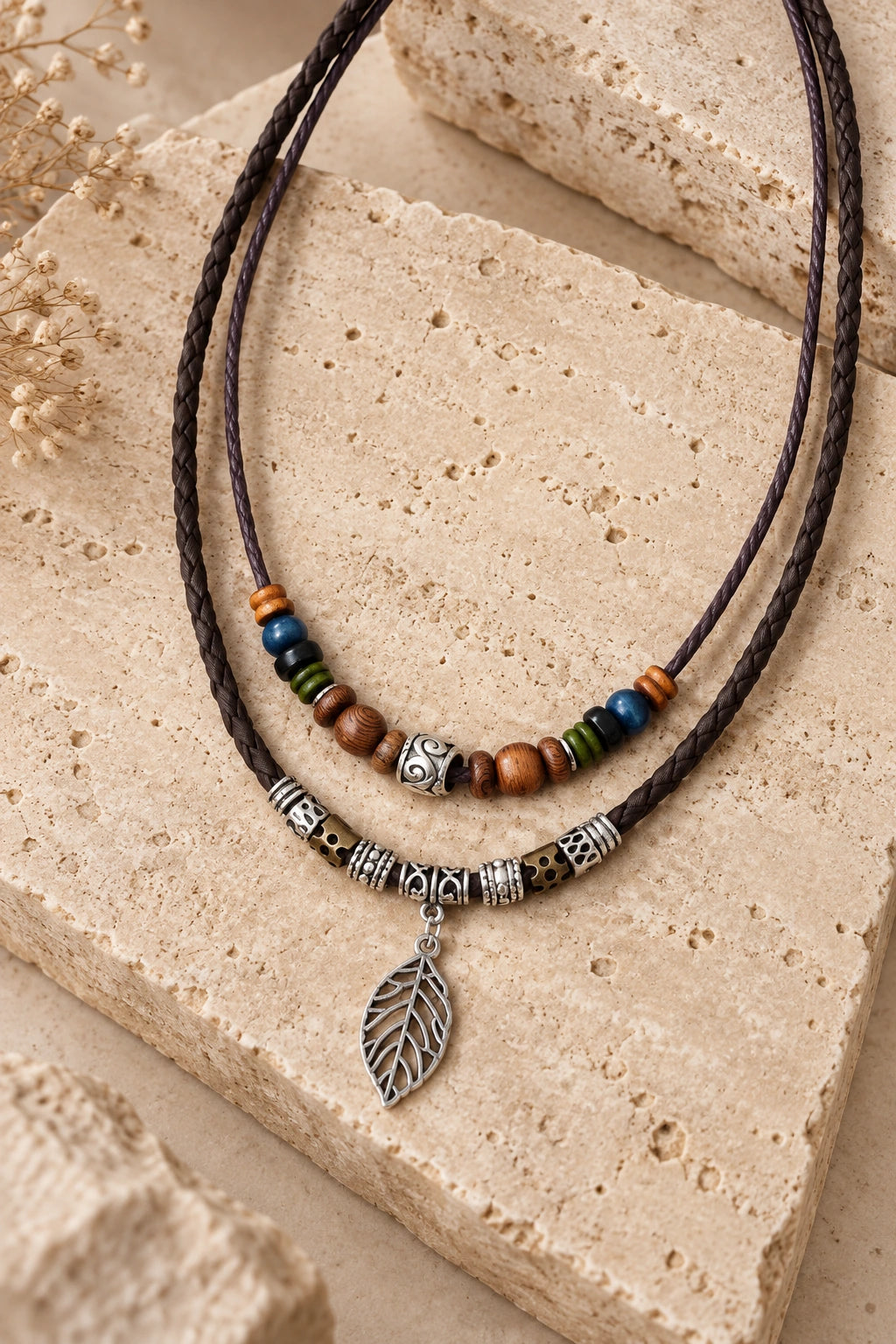 Braided Leather Silver Leaf Charm Necklace