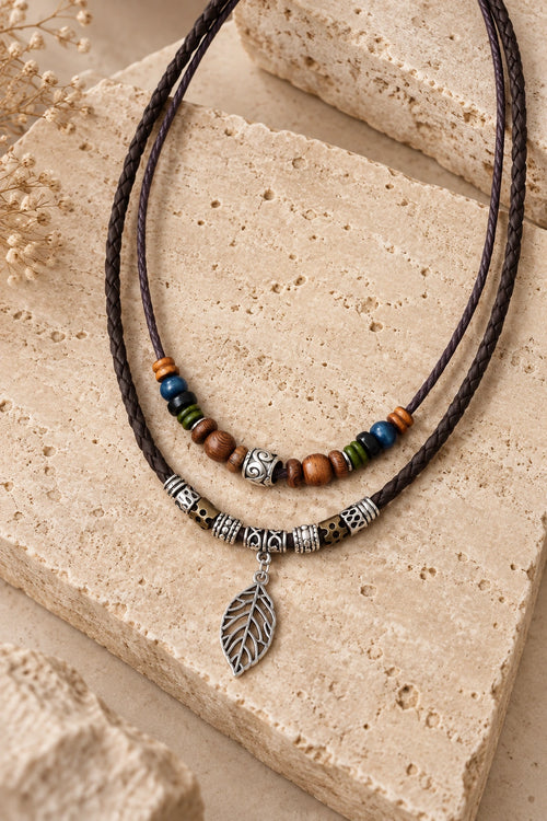 Braided Leather Silver Leaf Charm Necklace