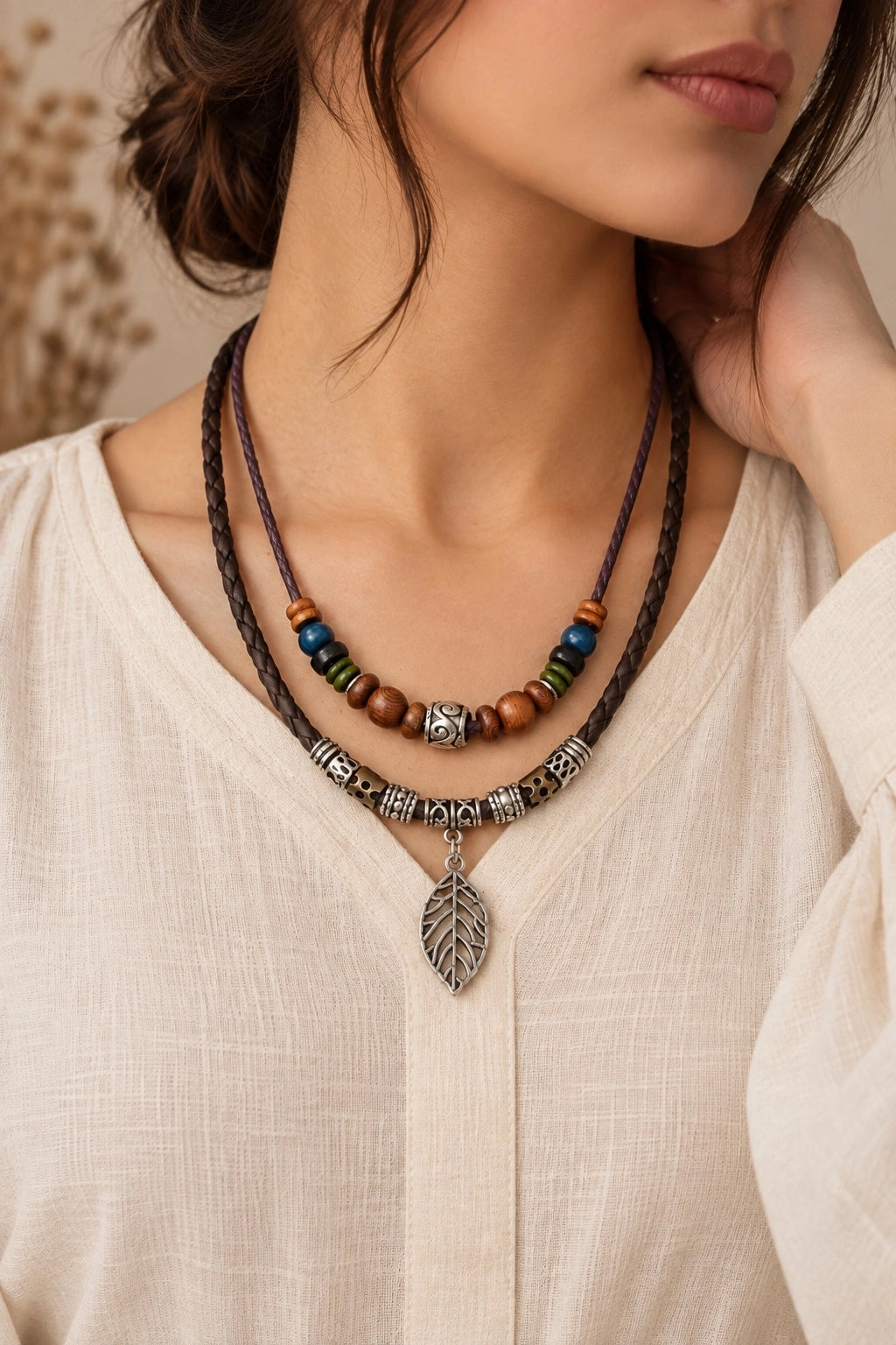 Braided Leather Silver Leaf Charm Necklace