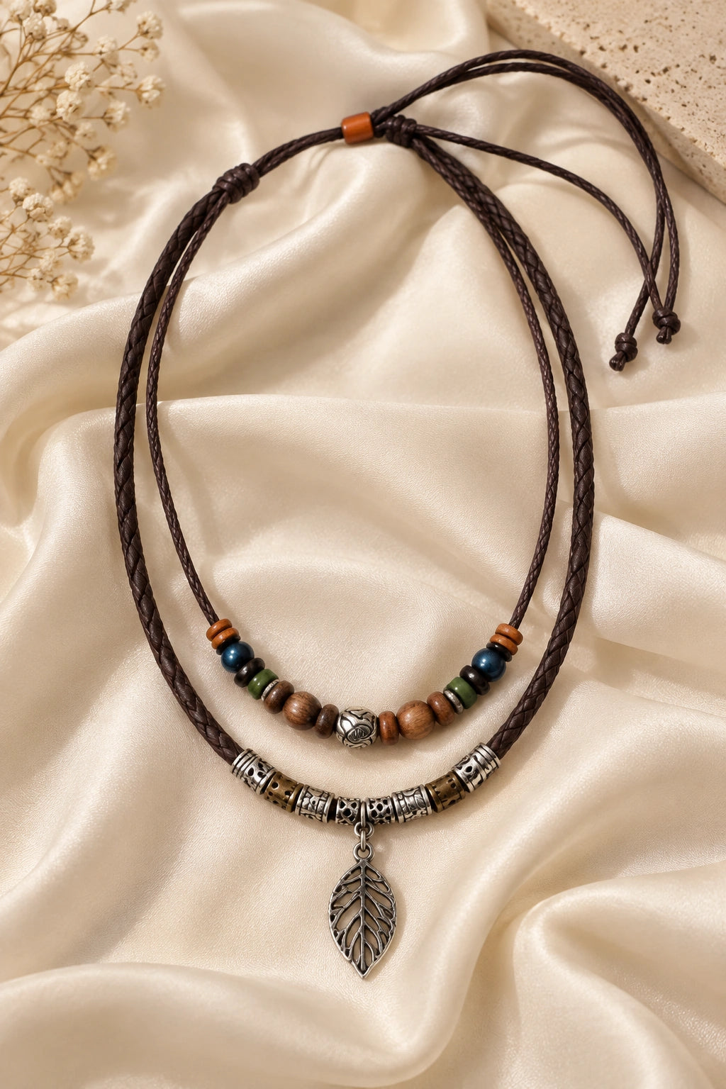 Braided Leather Silver Leaf Charm Necklace