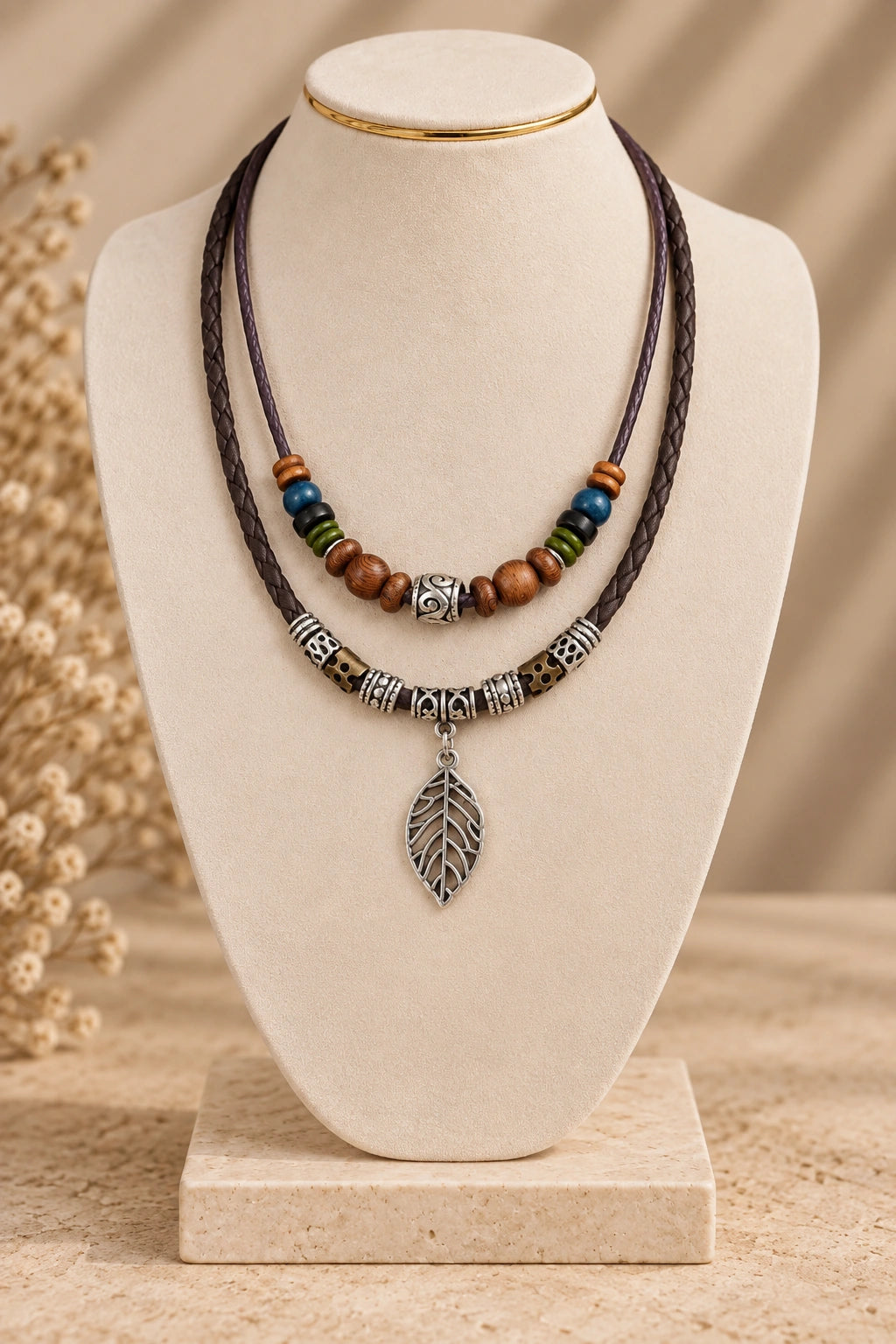 Braided Leather Silver Leaf Charm Necklace