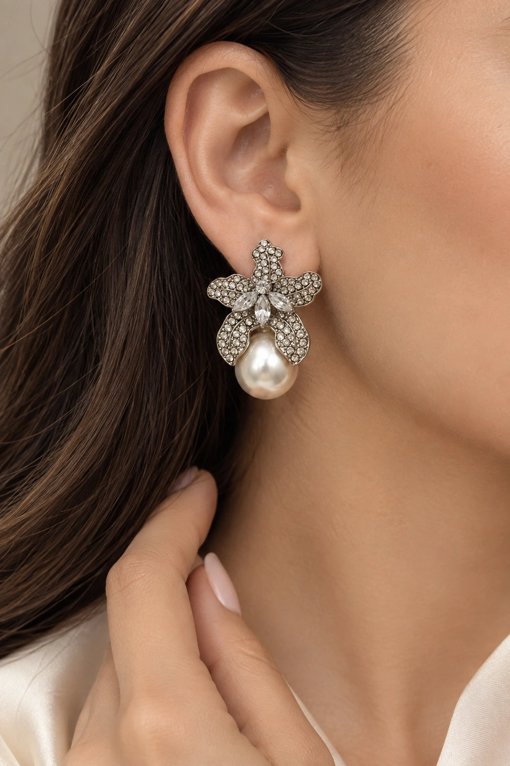 Crystal Flower Pearl Drop Earrings