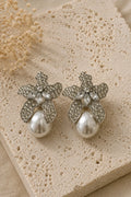 Crystal Flower Pearl Drop Earrings