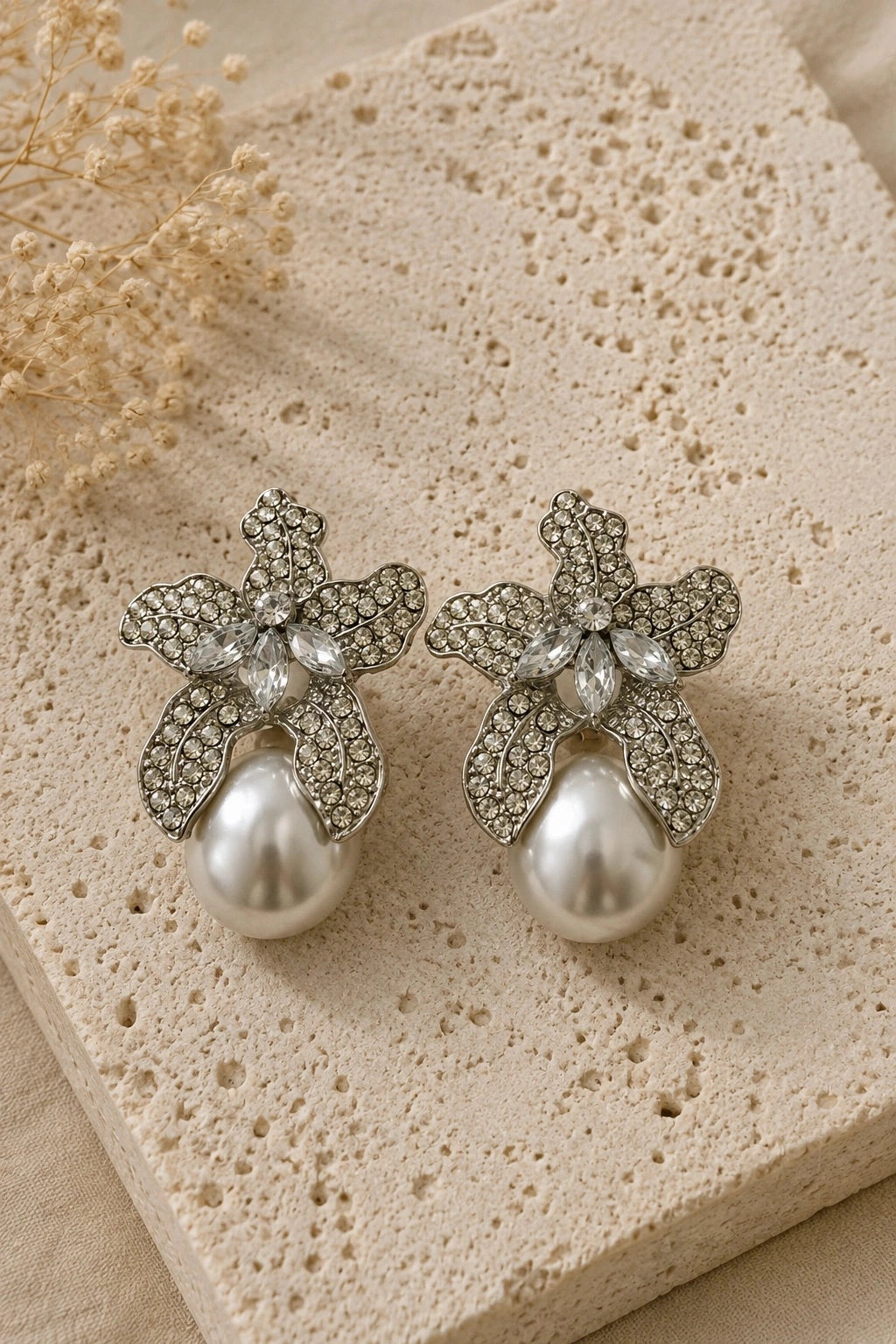 Crystal Flower Pearl Drop Earrings