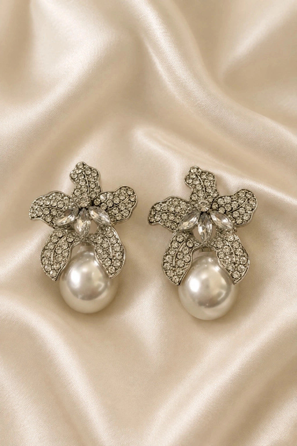 Crystal Flower Pearl Drop Earrings