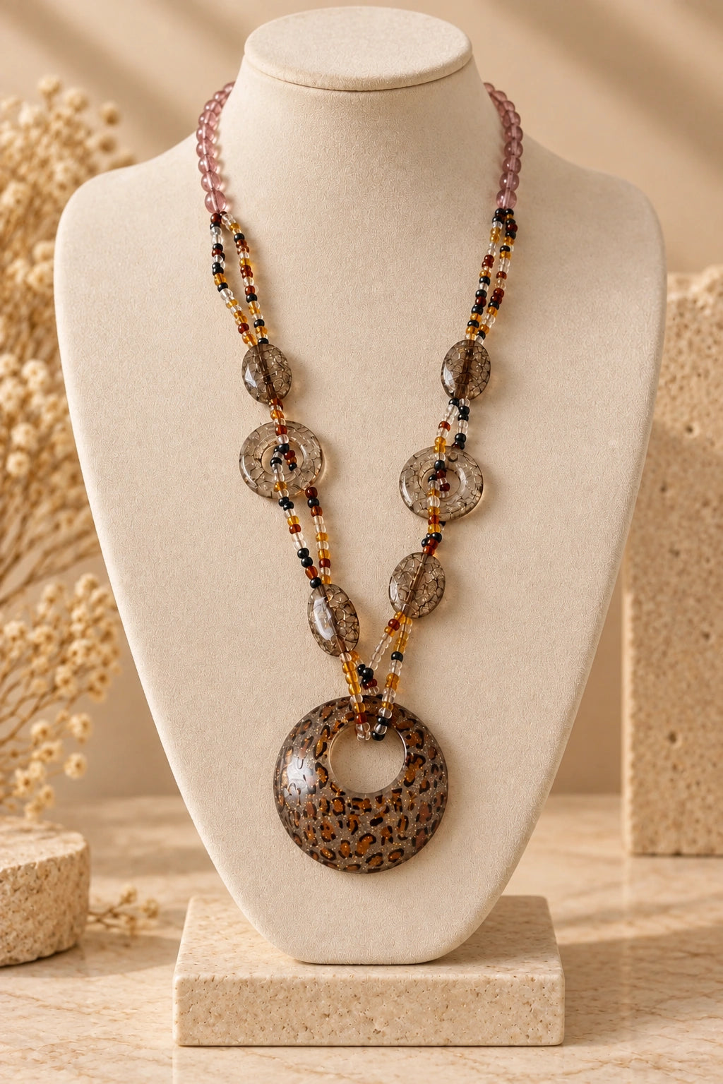 Leopard Medallion Beaded Statement Necklace