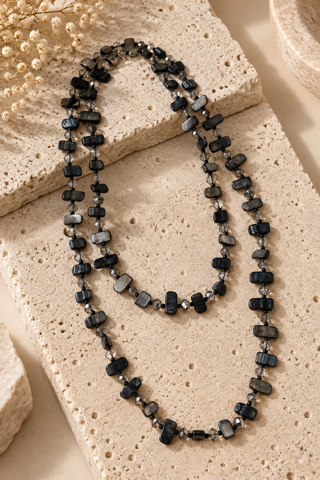 Grey Mother-of-Pearl Shell & Crystal Long Necklace