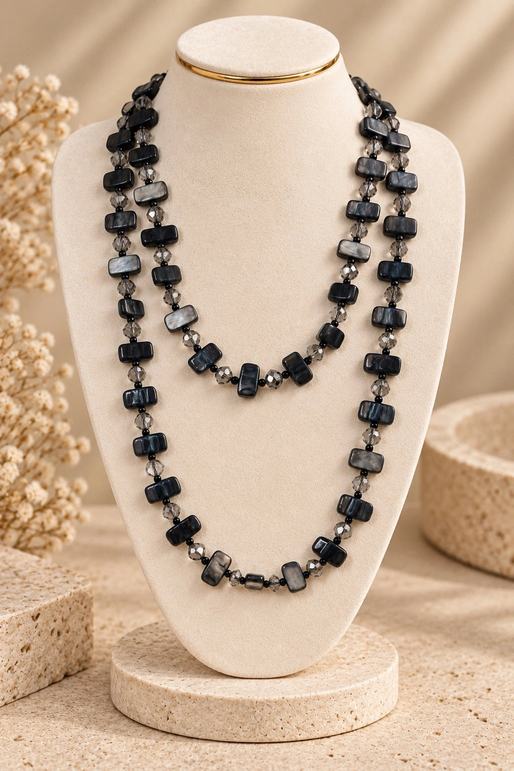 Grey Mother-of-Pearl Shell & Crystal Long Necklace