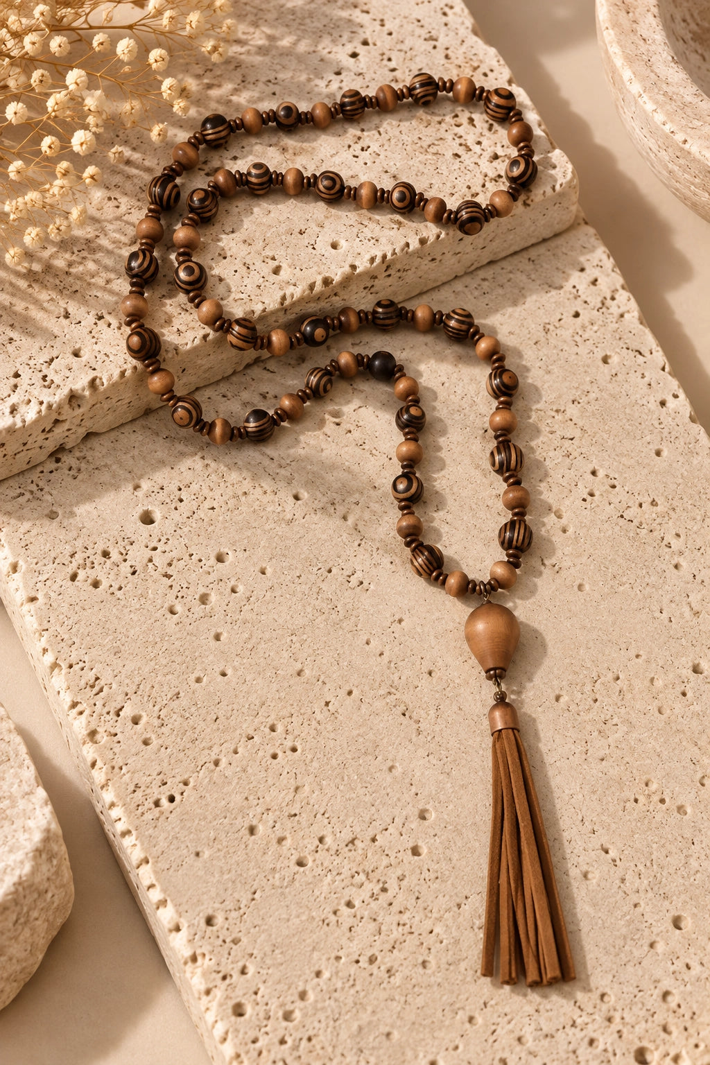 Wood Bead Tassel Pendant Necklace