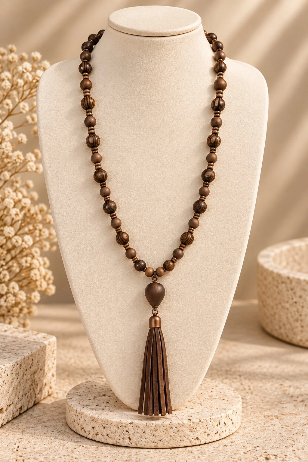 Wood Bead Tassel Pendant Necklace