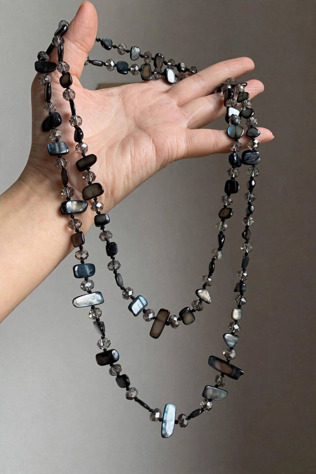 Grey Mother-of-Pearl Shell & Crystal Long Necklace