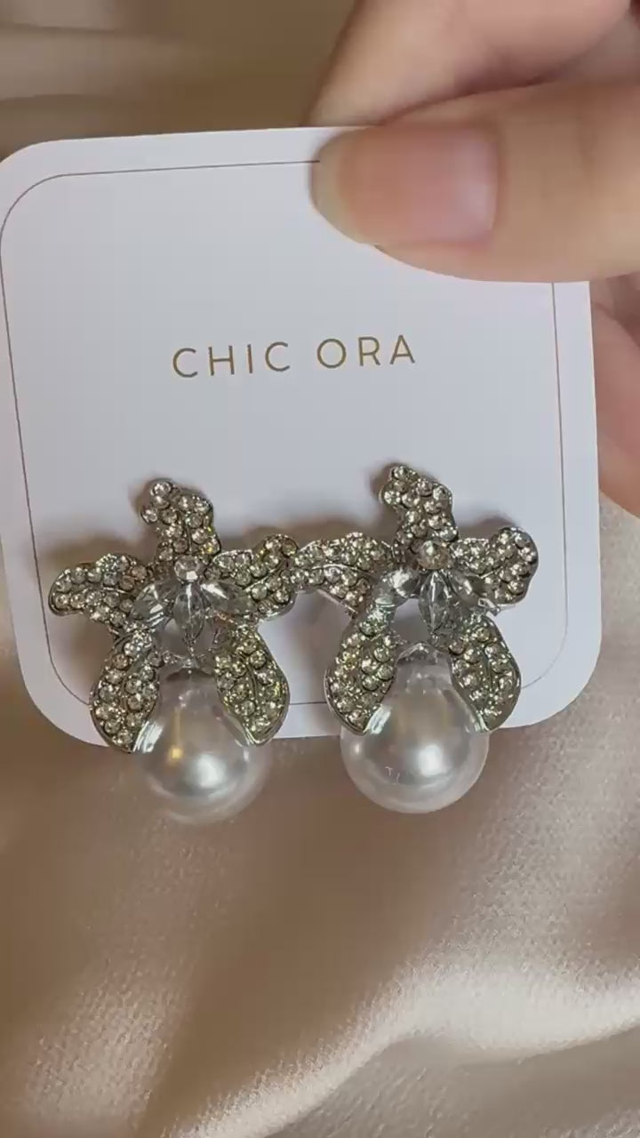 Crystal Flower Pearl Drop Earrings