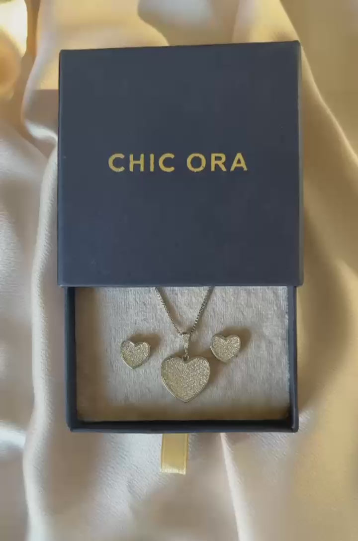 Silver Pave Heart Pendant & Earrings Set