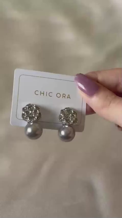 Rhinestone Flower Grey Pearl Drop Earrings